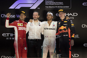 Sebastian Vettel, Ferrari, Bradley Lord, Head of Mercedes-Benz Motorsport Communications, Lewis Hamilton, Mercedes AMG F1 and Max Verstappen, Red Bull Racing celebrate on the podium