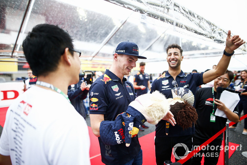 Max Verstappen, Red Bull Racing, and Daniel Ricciardo, Red Bull Racing, with puppets