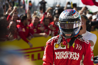 Kimi Raikkonen, Ferrari, 1st position, celebrates in Parc Ferme