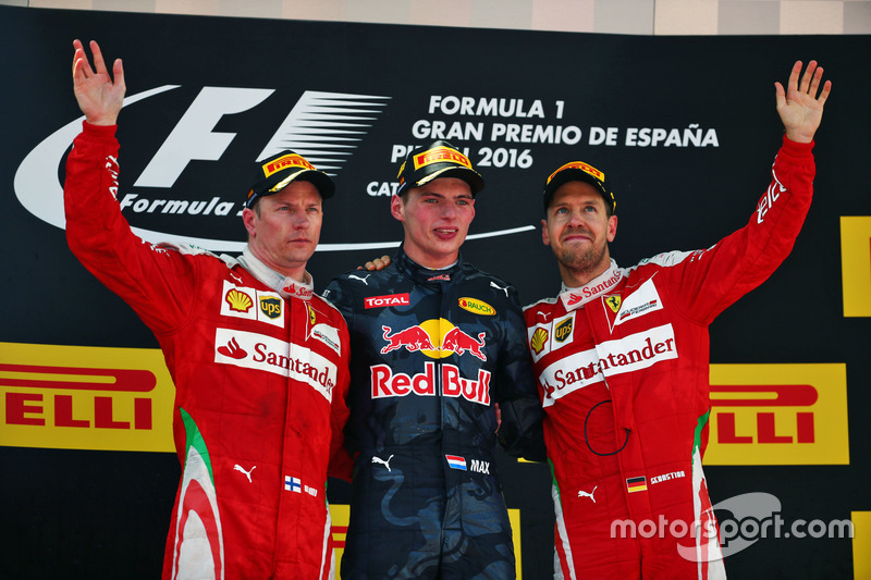 The podium, Ferrari, second; Max Verstappen, Red Bull Racing, race winner; Sebastian Vettel, Ferrari