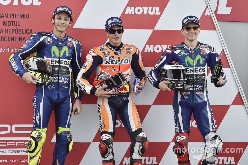 Polesitter Marc Marquez, Repsol Honda Team; 2. Valentino Rossi, Yamaha Factory Racing; 3. Jorge Lore