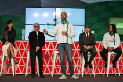 (L to R): Stephanie Sigman, actress; Bernie Ecclestone; Gianluca di Tondo, Heineken Global Head of Brand; Jackie Stewart; and Carles Puyol, former football player, at a Heineken sponsorship announcement