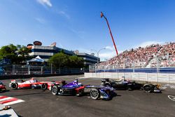 Jean-Eric Vergne, Techeetah, leads Sam Bird, DS Virgin Racing, and Nick Heidfeld, Mahindra Racing