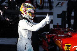 Lewis Hamilton, Mercedes AMG, 2nd Position, celebrates in Parc Ferme