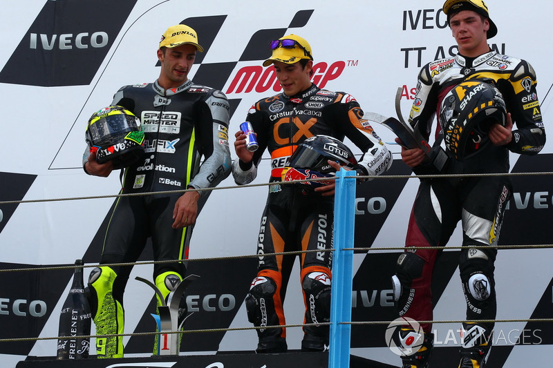 Le podium du GP des Pays-Bas 2012 de Moto2 : Marc Marquez, Andrea Iannone, Scott Redding