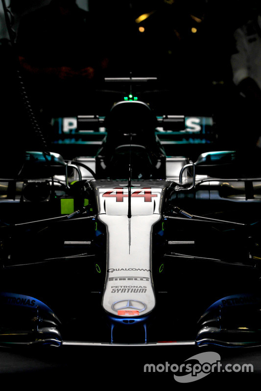 The nose and front wing detail of Lewis Hamilton, Mercedes-Benz F1 W08 in the garage