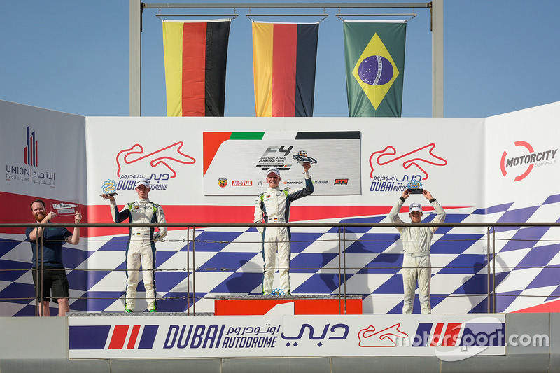 Podium: race winner Leon Köhler, Rasgaira Motorsports, second place David Schumacher, Rasgaira Motorsports, third place Caio Collet, SILBERPFEIL Energy Dubai