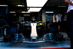 The car of Lewis Hamilton, Mercedes AMG F1 W09, in the garage