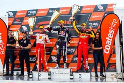 Podium: race winner Shane van Gisbergen, Triple Eight Race Engineering Holden, second place Scott McLaughlin, DJR Team Penske Ford, third place Chaz Mostert, Tickford Racing Ford