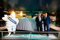 The Jaguar I-Pace eTrophy is launched, James Barclay and Pascal Couasnon stand alongside a Michelin 