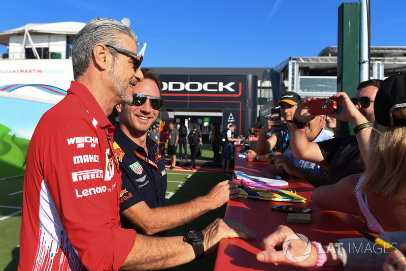 Christian Horner, Red Bull Racing Team Principal and Maurizio Arrivabene, Ferrari Team Principal with fans