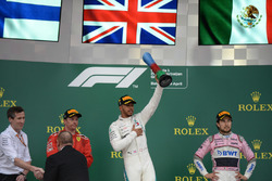 Kimi Raikkonen, Ferrari, Lewis Hamilton, Mercedes-AMG F1 and Sergio Perez, Force India celebrate on the podium