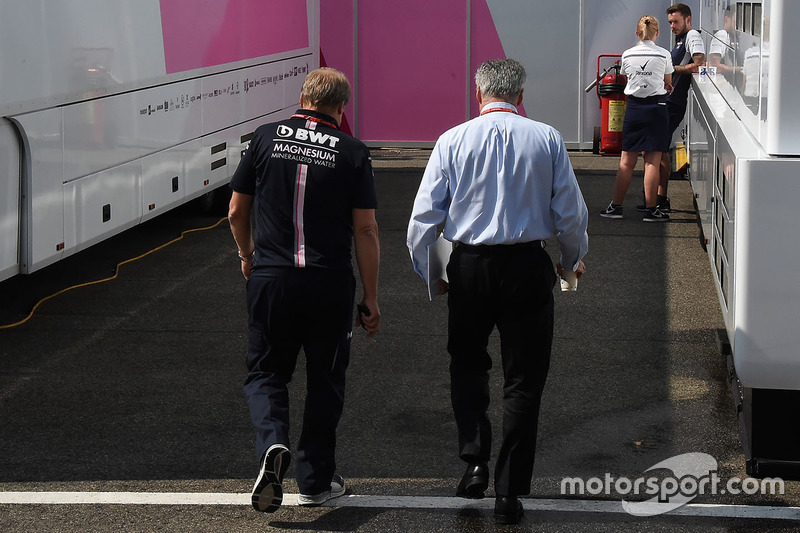 Chase Carey, Chief Executive Officer and Executive Chairman of the Formula One Group with Robert Fearnley, Force India F1 Team Deputy Team Principal Jose Rubio