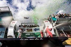 Lewis Hamilton, Mercedes-AMG F1, Sebastian Vettel, Ferrari and Kimi Raikkonen, Ferrari celebrate on the podium