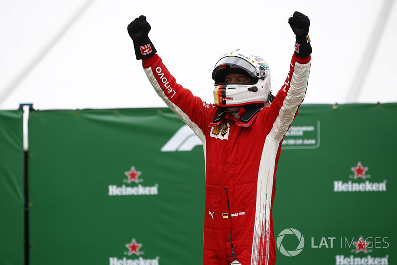 Sebastian Vettel, Ferrari, 1st position, celebrates victory in Parc Ferme