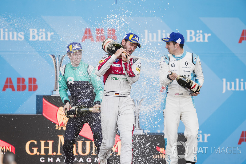 Daniel Abt, Audi Sport ABT Schaeffler, celebrates on the podium after winning the race with Oliver Turvey, NIO Formula E Team, Sébastien Buemi, Renault e.Dams