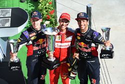 Daniil Kvyat, Red Bull Racing, race winner Sebastian Vettel, Ferrari and Daniel Ricciardo, Red Bull Racing celebrate on the podium