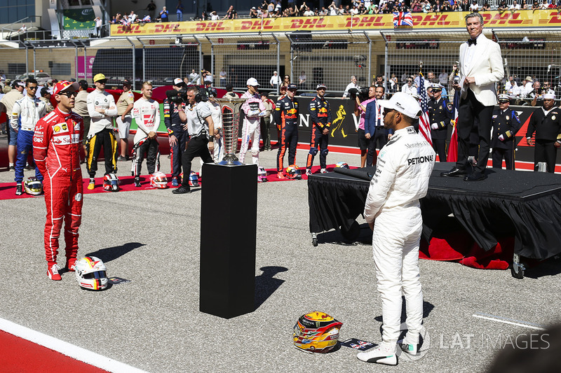 Michael Buffer introduces Lewis Hamilton, Mercedes AMG F1, Sebastian Vettel, Ferrari