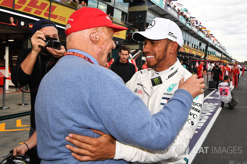 Pole sitter Lewis Hamilton, Mercedes-AMG F1 celebrates in parc ferme with Niki Lauda, Mercedes AMG F