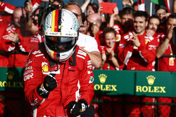 Sebastian Vettel, Ferrari, 1st position. celebrates victory on arrival in Parc Ferme