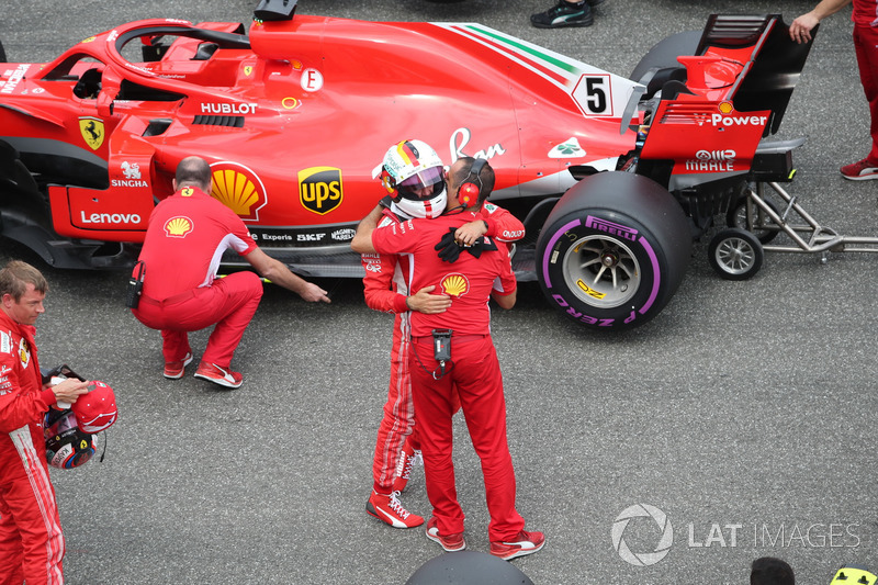 Pole sitter Sebastian Vettel, Ferrari celebrates in parc ferme