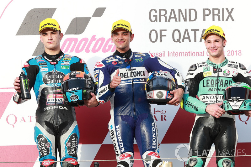 Podium: second place Aron Canet, Estrella Galicia 0,0, Race winner Jorge Martin, Del Conca Gresini Racing Moto3 third place Lorenzo Dalla Porta, Leopard Racing