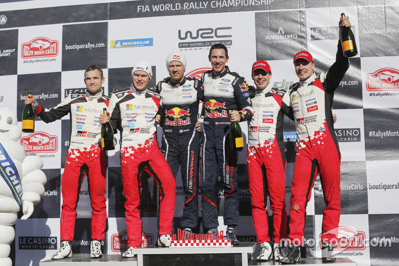 Podium: winners Sébastien Ogier, Julien Ingrassia, M-Sport Ford, second place Ott Tanak, Martin Järveoja, Toyota Gazoo Racing, third place, Jari-Matti Latvala, Miikka Anttila, Toyota Gazoo Racing