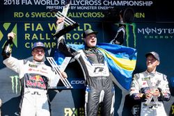 Podium: winnaar Johan Kristoffersson, PSRX Volkswagen Sweden, nummer twee Andreas Bakkerud, EKS Audi Sport, nummer drie Mattias Ekström, EKS Audi Sport