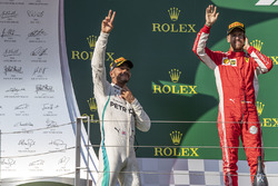 Lewis Hamilton, Mercedes-AMG F1 and Sebastian Vettel, Ferrari celebrate on the podium