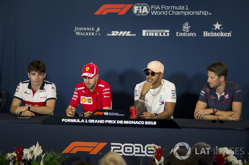 Charles Leclerc, Sauber, Sebastian Vettel, Ferrari, Lewis Hamilton, Mercedes-AMG F1 and Romain Grosjean, Haas F1 in the Press Conference