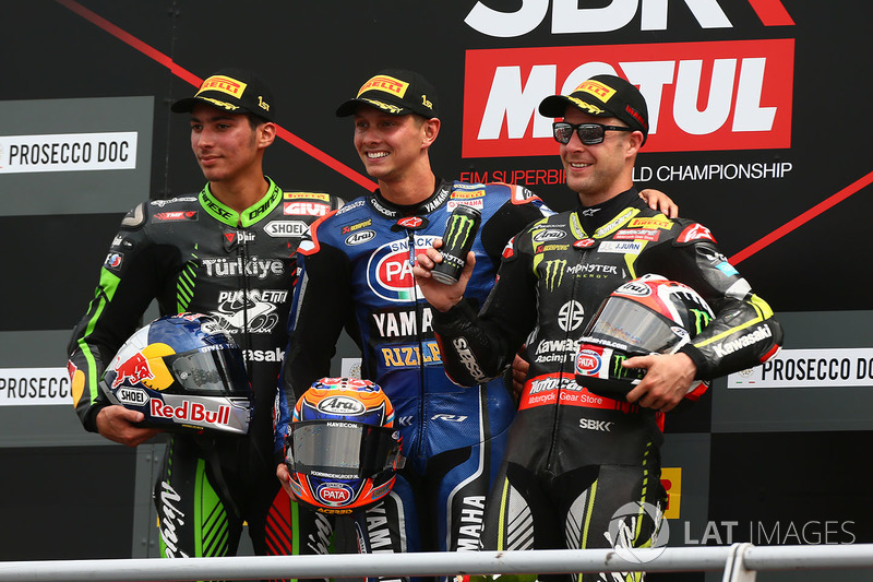Podium: race winner Michael van der Mark, Pata Yamaha, second place Toprak Razgatlioglu, Kawasaki Puccetti Racing, third place Jonathan Rea, Kawasaki Racing