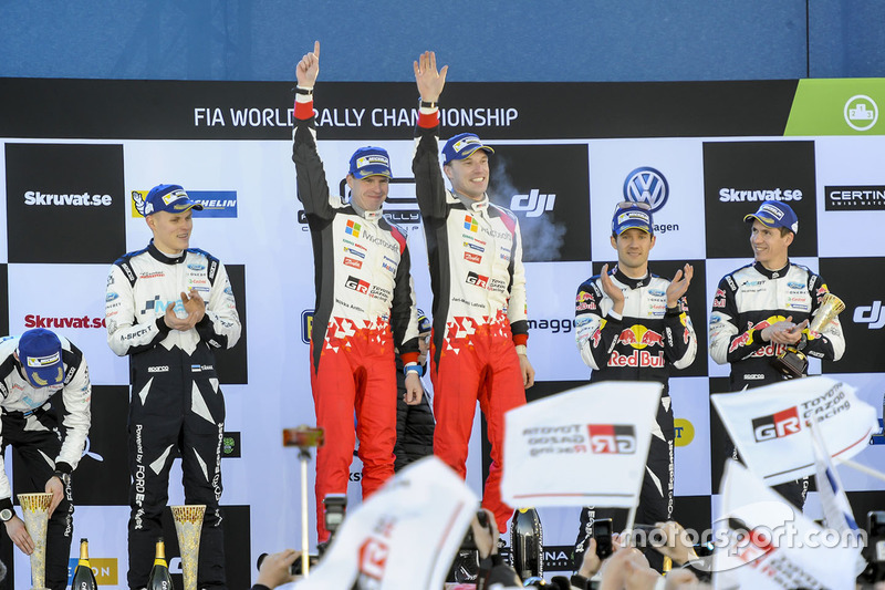 Podium: winners Jari-Matti Latvala, Miikka Anttila, Toyota Racing, second place Ott Tänak, Martin Järveoja, M-Sport, third place Sébastien Ogier, Julien Ingrassia, M-Sport