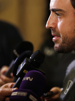 Fernando Alonso talks to the media after announcing his deal to race in the 2017 Indianapolis 500 in