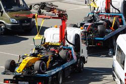 The damaged cars of Jolyon Palmer, Renault Sport F1 Team RS17 and erg