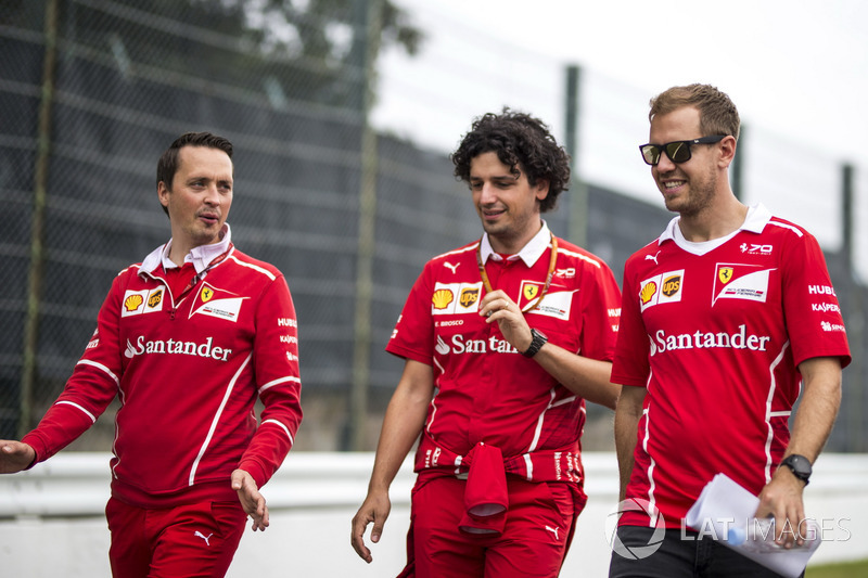 Sebastian Vettel, Ferrari and Antonio Giovinazzi, Ferrari walk the track