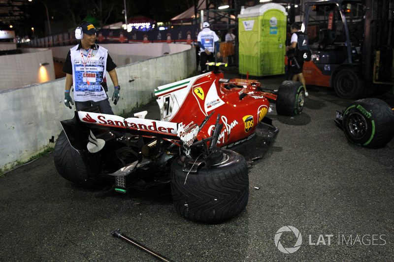 The damaged car of Kimi Raikkonen, Ferrari SF70H after crashing out at the start of the race