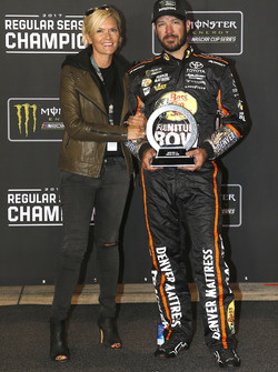 Martin Truex Jr., Furniture Row Racing Toyota, and Sherry Pollex with the Regular Season Championship trophy