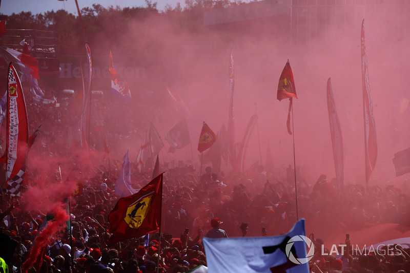 A huge crowd of Ferrari fans gather for the podium ceremony