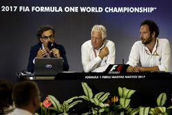 Laurent Mekies, FIA Safety Director, Charlie Whiting, FIA Delegate and Matteo Bonciani, FIA Media Delegate in the Press Conference for the Halo device
