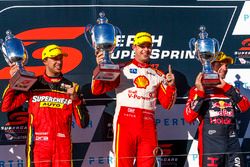 Podium: race winner Scott McLaughlin, Team Penske Ford, second place Chaz Mostert, Rod Nash Racing Ford, third place Jamie Whincup, Triple Eight Race Engineering Holden