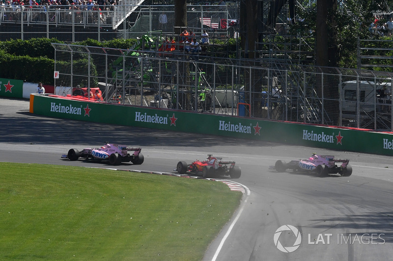 Sergio Pérez, Sahara Force India VJM10, Esteban Ocon, Sahara Force India VJM10 y Sebastian Vettel, F