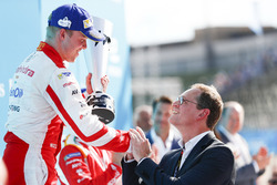 Felix Rosenqvist, Mahindra Racing, receives his trophy on the podium