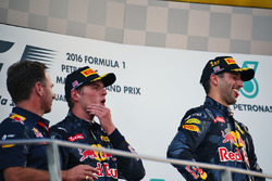 The podium (L to R): Christian Horner, Red Bull Racing Team Principal with second placed Max Verstap