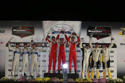 GT Le Mans Podium: first place #62 Risi Competizione Ferrari 488 GTE: Toni Vilander, Giancarlo Fisichella, James Calado, second place #66 Ford Performance Chip Ganassi Racing Ford GT: Joey Hand, Dirk Müller, Sébastien Bourdais, third place #4 Corvette Racing Chevrolet Corvette C7.R: Oliver Gavin, Tommy Milner, Marcel Fässler