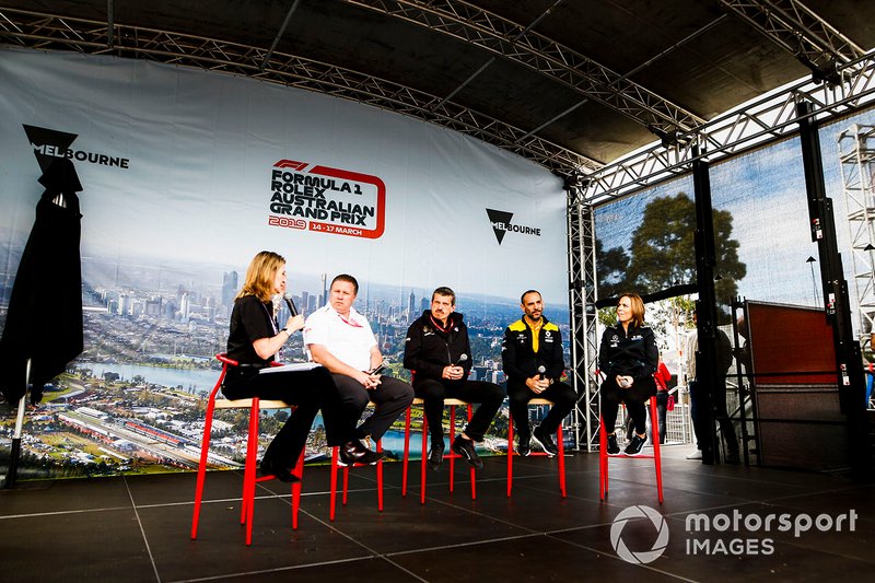 Зак Браун, виконавчий директор McLaren, Гюнтер Штайнер, керівник команди Haas F1, Сіріль Абітбуль, керівний директор Renault F1 Team та Клер Вільямс, заступник керівника команди Williams