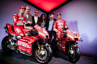 From left to right, Philip Morris International people at Ducati MotoGP Team launch in Neuchatel, Switzerland: Andrea Dovizioso, rider, Riccardo Parino, Vice President Global Event Partnerships, Miroslaw Zielinski, President Science & Innovation, Patricia Klaric, Head of Mission Winnow Project, Sebastiano Cremonini, Manager MotoGP Event Platform, and Danilo Petrucci, rider