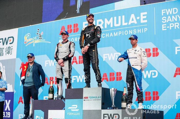 Jean-Eric Vergne, DS TECHEETAH, 1st position, Oliver Rowland, Nissan e.Dams, 2nd position, Antonio Felix da Costa, BMW I Andretti Motorsports, 3rd position, on the podium.