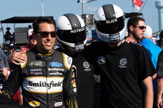 Aric Almirola poses with Stewart-Haas Gaming drivers Brandyn Gritton (SHG_HotRod_14p) and Josh Shoemaker (SHG Slick 14x)