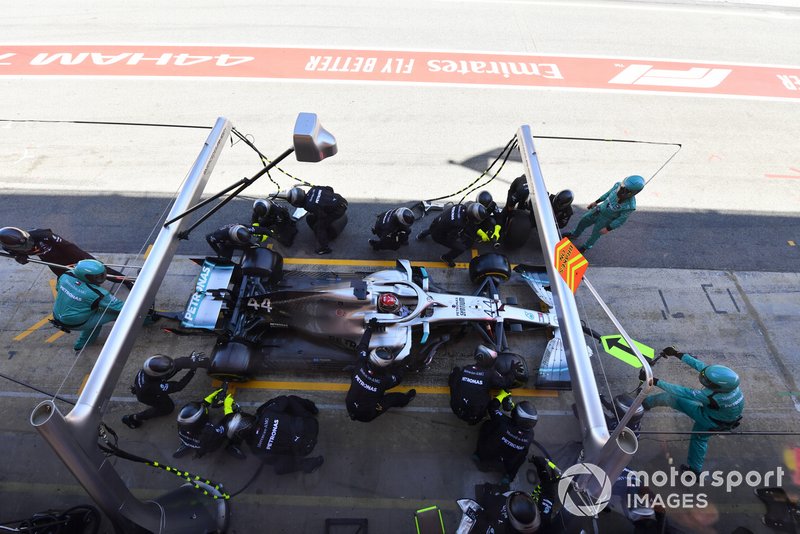 Lewis Hamilton, Mercedes AMG F1 W10, makes a stop