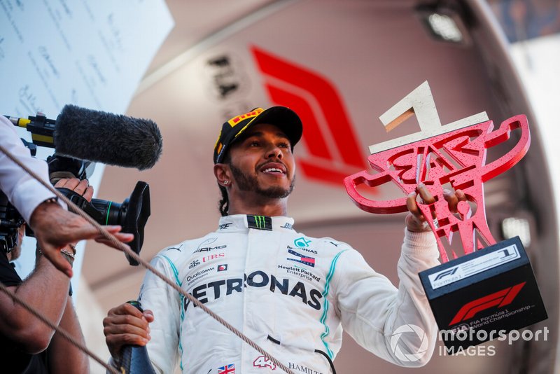 Lewis Hamilton, Mercedes AMG F1, 1st position, with his trophy